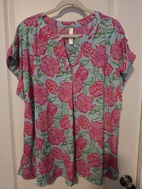 Floral Split-Neck Top in Pink and Light Blue